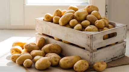 Fresh Potatoes Piled in Wooden Crates root vegetable