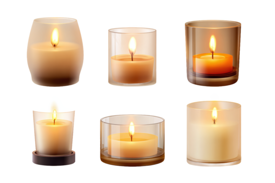 Six burning candles in glass holders, isolated on white transparent background