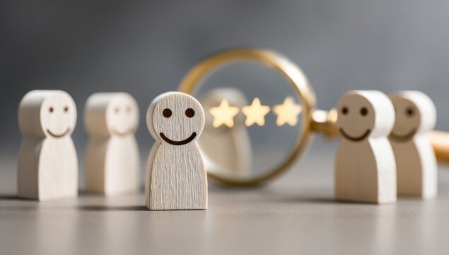 Wooden figures, magnifying glass, and star ratings