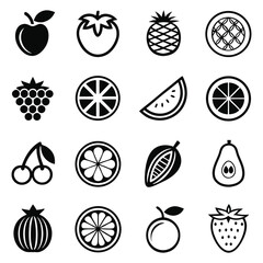 Collection of Black and White Fruit Icons on a White Background