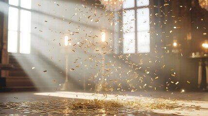 Golden confetti falling in a grand hall with sunbeams