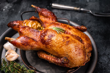 Roasted whole goose on steel tray. black background. top view