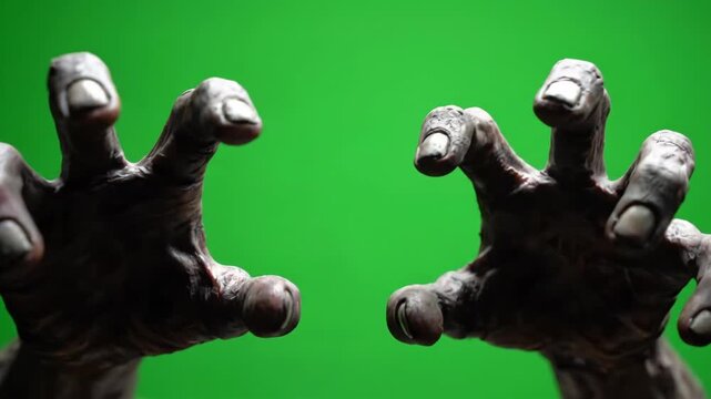 Zombie Hands Grabbing - Green Screen - Close-up first-person view of two decaying zombie hands reaching out, claws extended towards the camera against a bright green screen background.