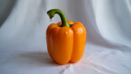 Orange bell pepper with water droplets on white background