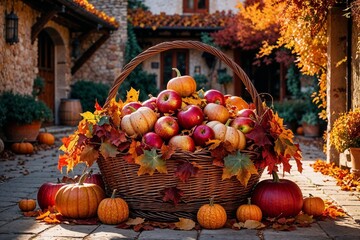 Autumn harvest basket filled with apples and pumpkins in an outdoor setting