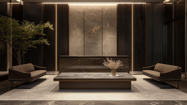 Luxury reception area with sleek velvet sofas, a marble coffee table, and ambient lighting, providing a welcoming and elegant first impression &mdash;ar 16:9 