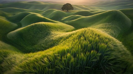 Rolling green hills with a lone tree at sunset landscape