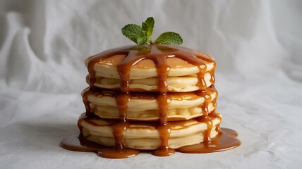 Stack of fluffy pancakes with caramel sauce and mint