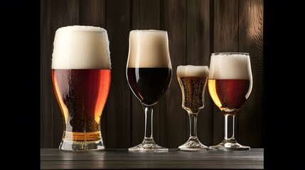Assorted Beer Glasses on Wooden Background