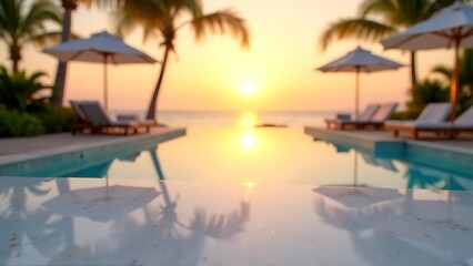 Beachfront table top, sunny day, sunset villa with infinity swimming pool. blurred blue ocean view
