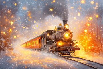A charming train journey through a winter wonderland, sparkling lights and snow. The scene is filled with festive cheer