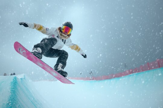 Individual Snowboarder Enjoying Winter Sports and Extreme Fun