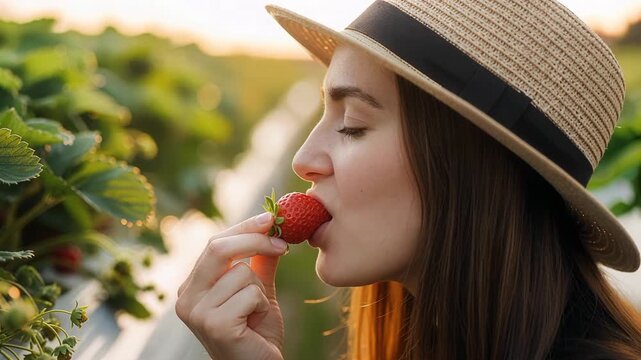 Young woman enjoying fresh strawberry in sunny field during golden hour with pure happiness and natural beauty