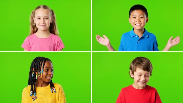 Diverse Kids Video Call Green Screen - Four diverse children participate in a video call, each shown in a separate quadrant against a vibrant green screen background.
