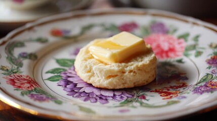 Organic butter pat melting on warm homemade biscuit with vintage floral plate underneath