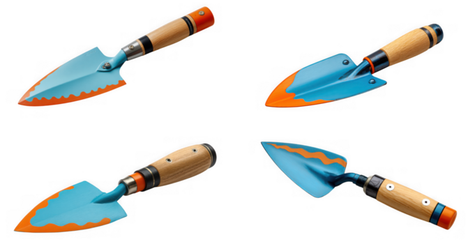 Four small gardening trowels with blue blades and orange edges isolated on transparent background, perfect for planting flowers or digging in the garden