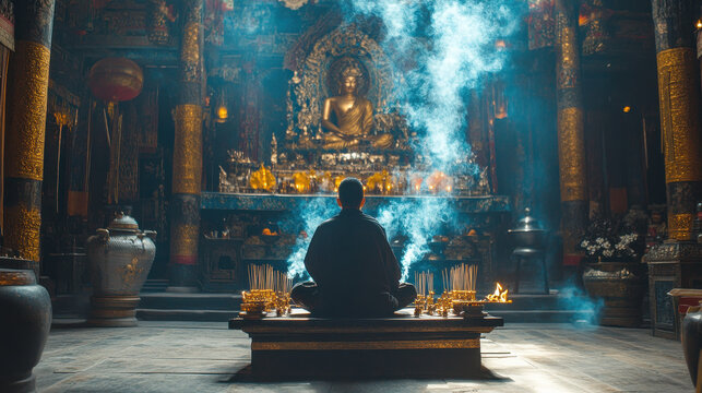 Meditation master sitting before a sacred altar in a Tibetan temple, burning incense and chanting sacred mantras &mdash;ar 16:9 