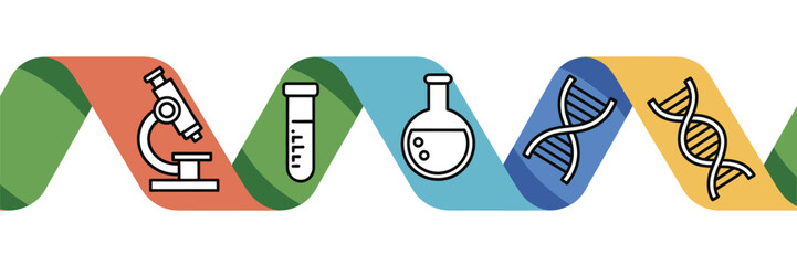Illustration of a microscope test tube flask and dna helix on a colorful ribbon on a white background