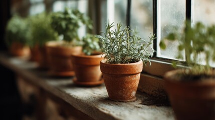 Fototapeta premium Fresh herbs in small terracotta pots on sunny windowsill