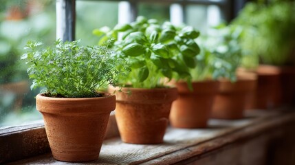 Fresh herbs in small terracotta pots on sunny windowsill
