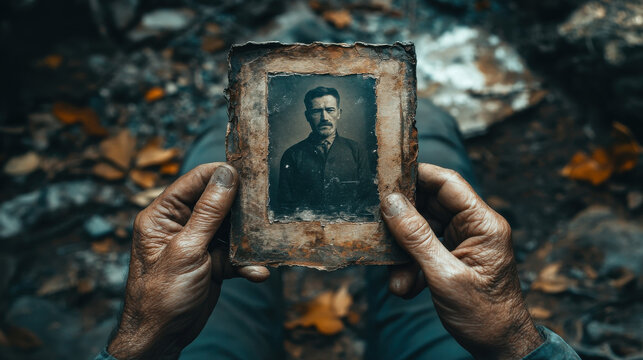 Melancholic man holding a faded photograph, tears welling in his eyes, deep sorrow and nostalgia filling the frame &mdash;ar 16:9 