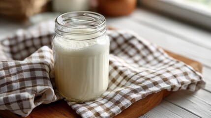 Farm fresh milk in glass mason jar with cream layer and checkered kitchen towel