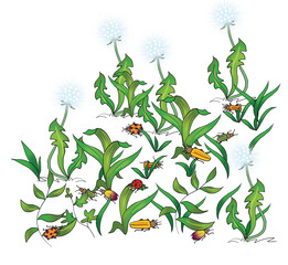 Cartoon flowers, insects  and leaves