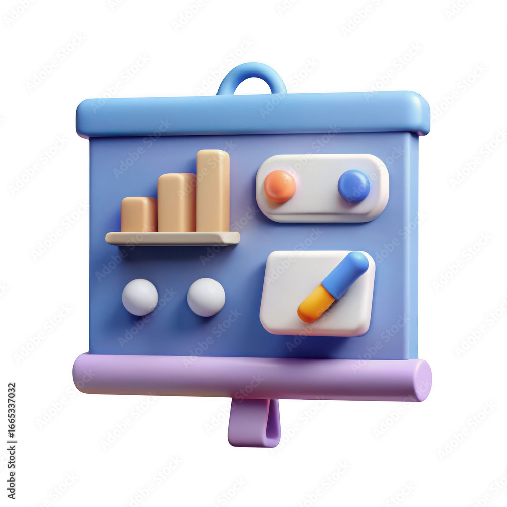Poster 3d presentation board with charts and icons isolated on transparent background