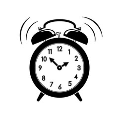 simple black and white cartoon analog alarm clock with white face and 2 bells silhouette icon vector isolated on transparent background