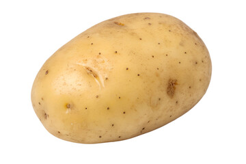 A whole, unpeeled, fresh potato with a light brown skin and visible brown speckles, isolated on a clean white background, showcasing its natural texture and form