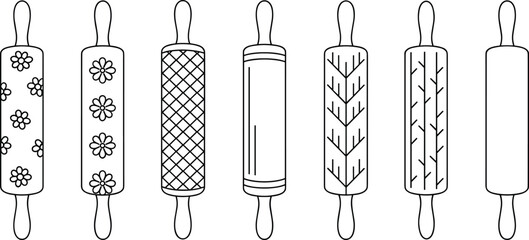 Rolling pin silhouettes, baking utensil vector, engraved kitchen tools, floral and geometric design, pastry accessories, cookie roller, culinary equipment, decorative pins, dough roller