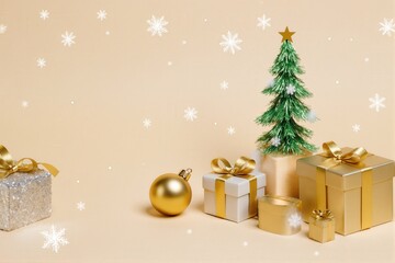 Festive Christmas Scene with Gifts, Ornaments, and a Miniature Tree