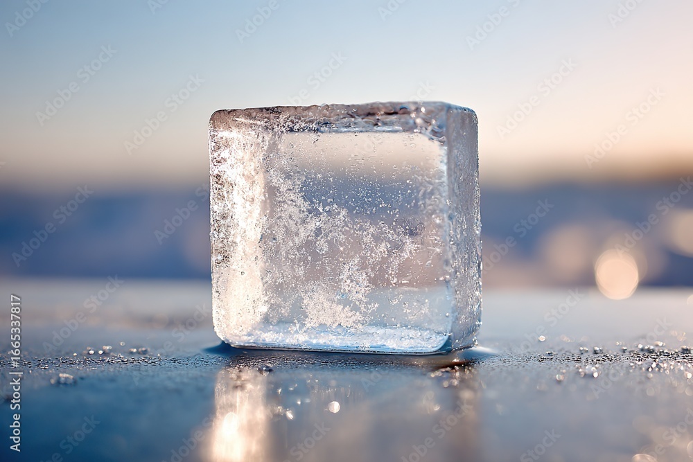 Poster clean square ice block positioned on reflective surface with soft lighting and blurred background
