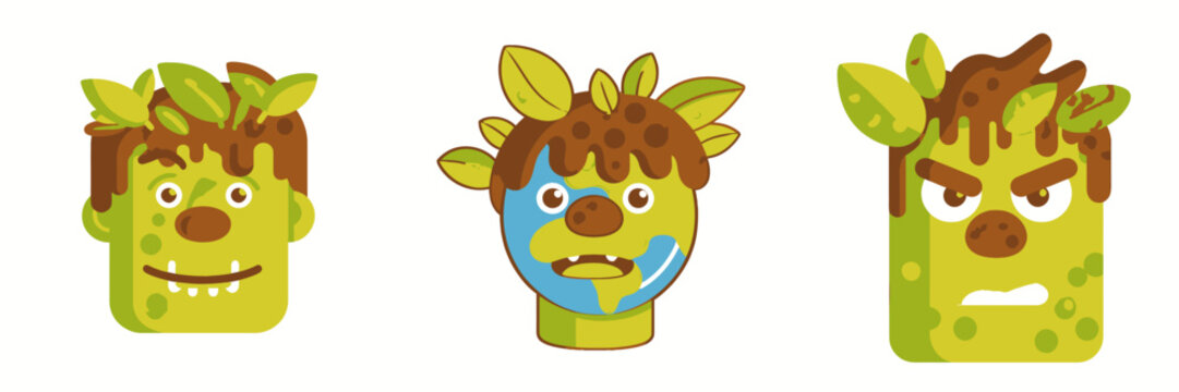 Expressive earth monsters with leaves and mud hair showcase a range of emotions perfect for educational resources or creative projects, engaging and fun