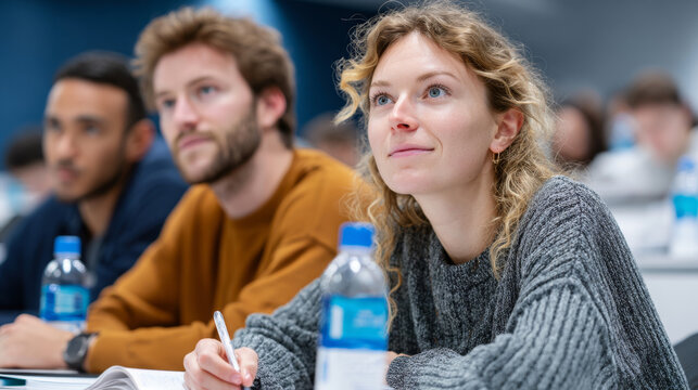 Young female student attentively listening during university lecture with classmates in background