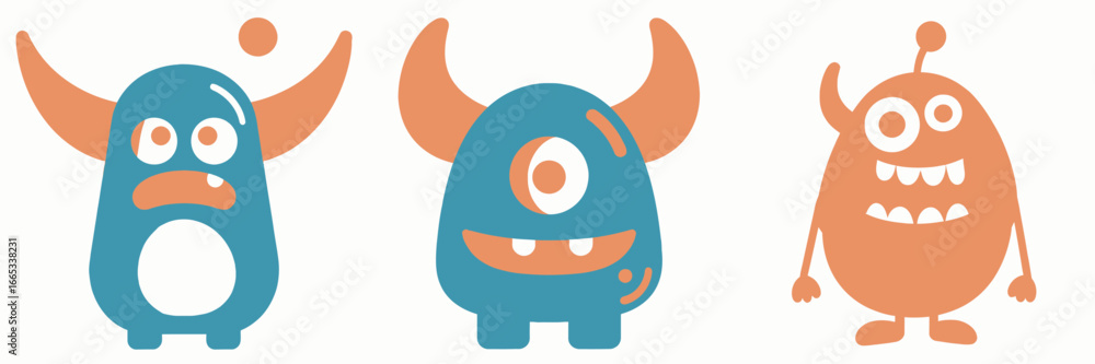 Poster delightful cartoon monster trio with unique expressions, perfect for adding a playful touch to child