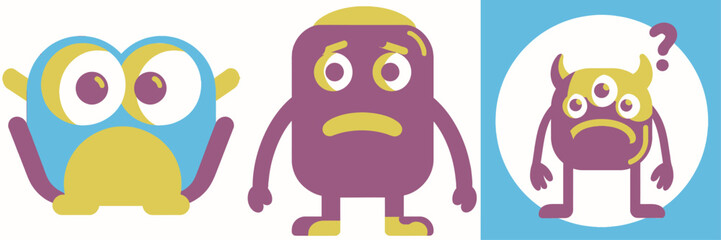 Delightful cartoon monsters showing varied emotions, perfect for children's books, playful designs, and expressing funny feelings through whimsical characters