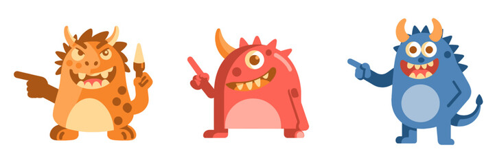 Playful cartoon monsters pointing directions, perfect for children's designs, educational resources, or fun branding projects with vibrant and imaginative characters