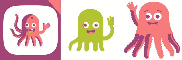 Cheerful cartoon octopus and jellyfishes waving hello, perfect for kids' books, educational materials, and ocean-themed creative projects with a playful vibe