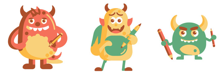 Adorable monster characters ready for school with pencils and creative energy, great for kids' illustrations, educational resources, and fun designs