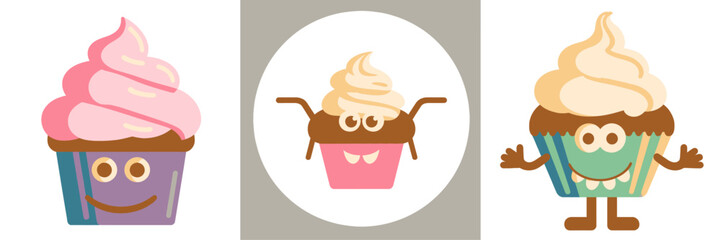 Delightful cartoon cupcakes with icing, smiles, and big eyes, perfect for birthdays, parties, and sweet treats themed designs. A whimsical confectionery collection