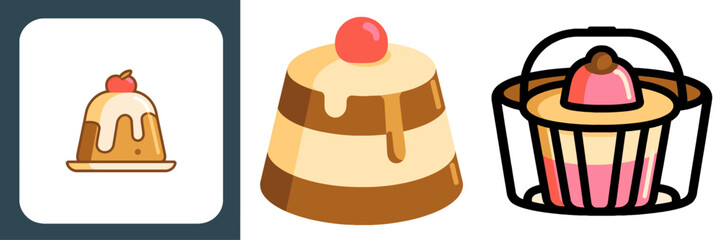 Delicious creamy pudding dessert with cherry on top icons, perfect for food blog, recipe card, or dessert menu design, a sweet treat for any occasion