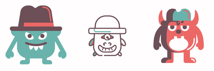 Playful cartoon monsters in hats, a whimsical trio perfect for kids' designs, Halloween themes, and creative projects with a touch of quirky charm