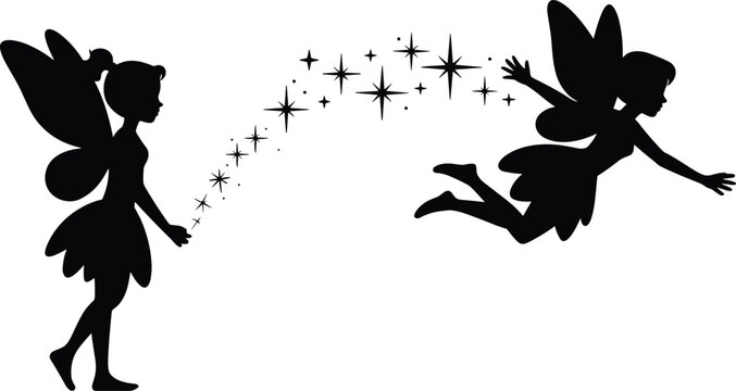 Fairy silhouette vector with pixie dust, magical wings illustration, enchanted sprite artwork, whimsical fantasy fairy clipart, starlight design for crafts