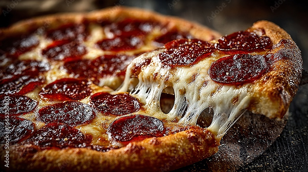 Poster a pepperoni pizza with a slice missing from it.