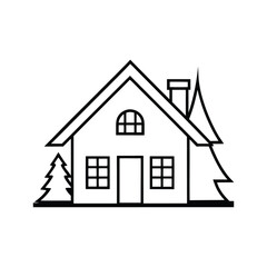 Christmas Village House Line Art Silhouette Vector on White Background
