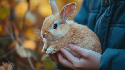 A small, light brown rabbit held gently in hands.