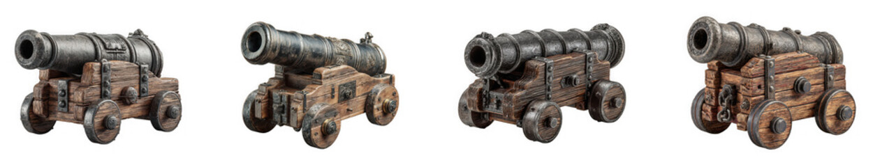 A row of miniature antique cannons isolated on transparent background, perfect for historical displays, collections, and vintagethemed decorations