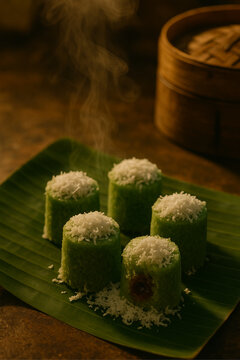 Steaming Indonesian Kue Putu Bambu with Palm Sugar and Coconut