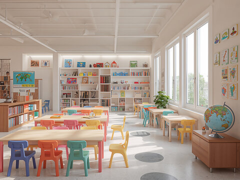 Bright and modern classroom with colorful desks, chairs, bookshelves, maps, and globes. Perfect learning environment with natural light, early education design, and international school vibe.